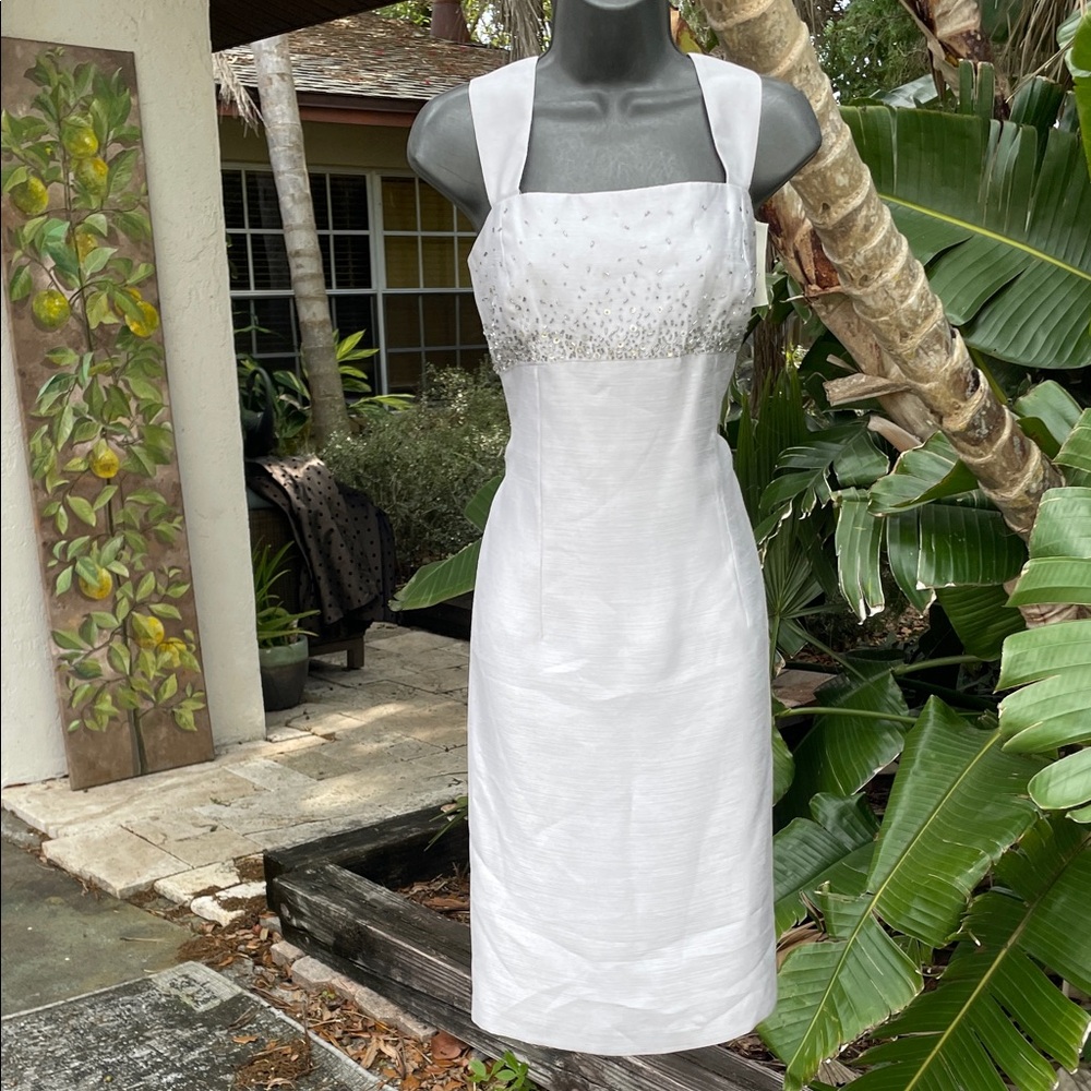 platinum, silver sheath dress